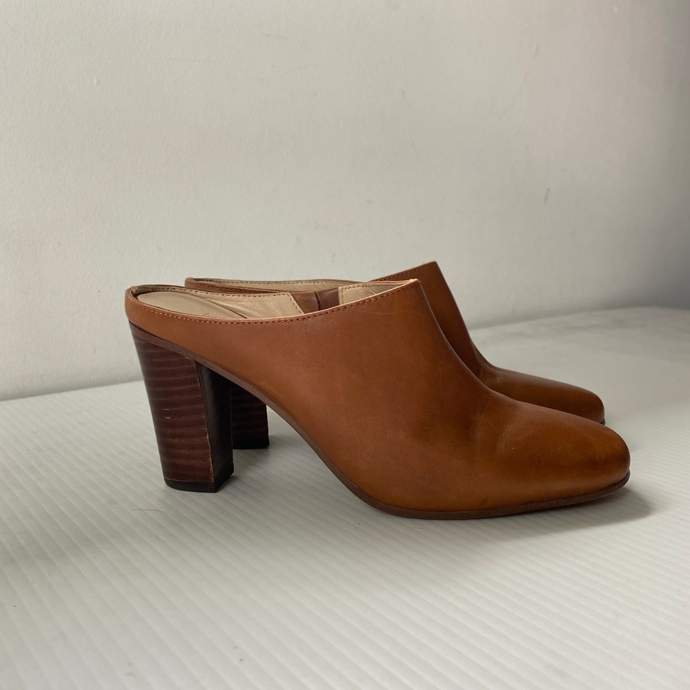 Anthropologie Botkier Sherry Block Heel Mules Caramel Brown Leather Womens 6.5M